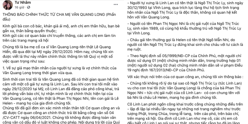 Bài đăng tố Linh Lan giả mạo nhân thân của bố mẹ Vân Quang Long.