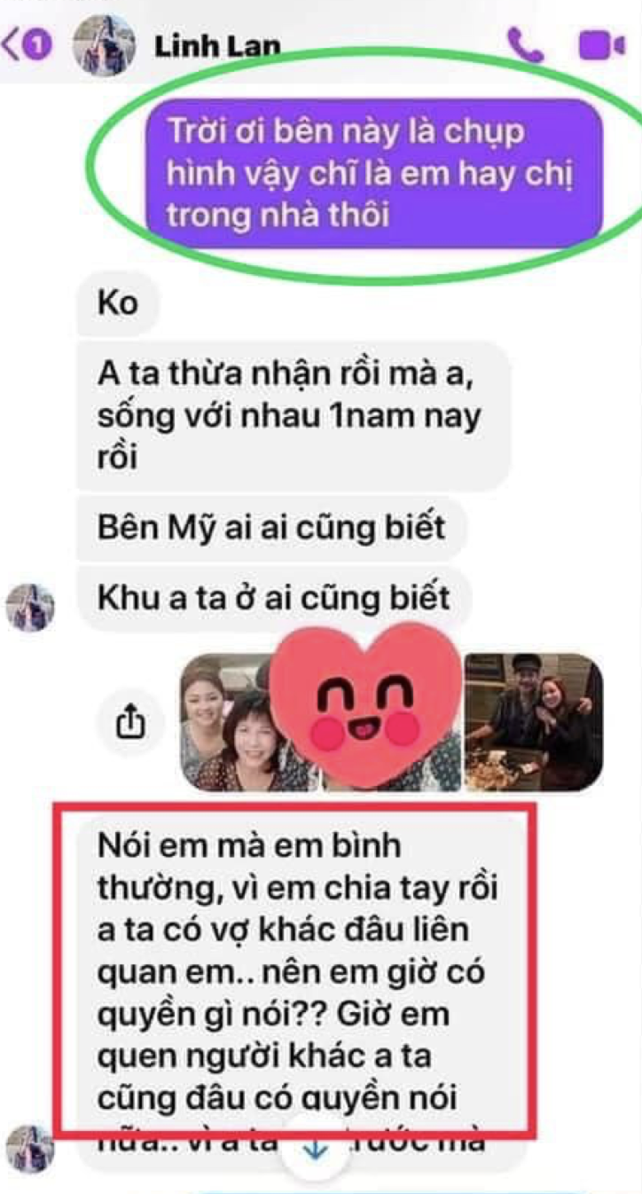 Đoạn tin nhắn cho thấy Linh Lan đã chia tay Vân Quang Long, thậm chí còn biết nam ca sĩ đã có vợ tại Mỹ.