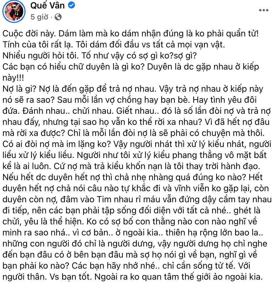 Hậu tố bạn trai bạc bẽo, Quế Vân nói đạo lý về duyên nợ, bất ngờ nhất là dòng bình luận của Việt Anh - Ảnh 1