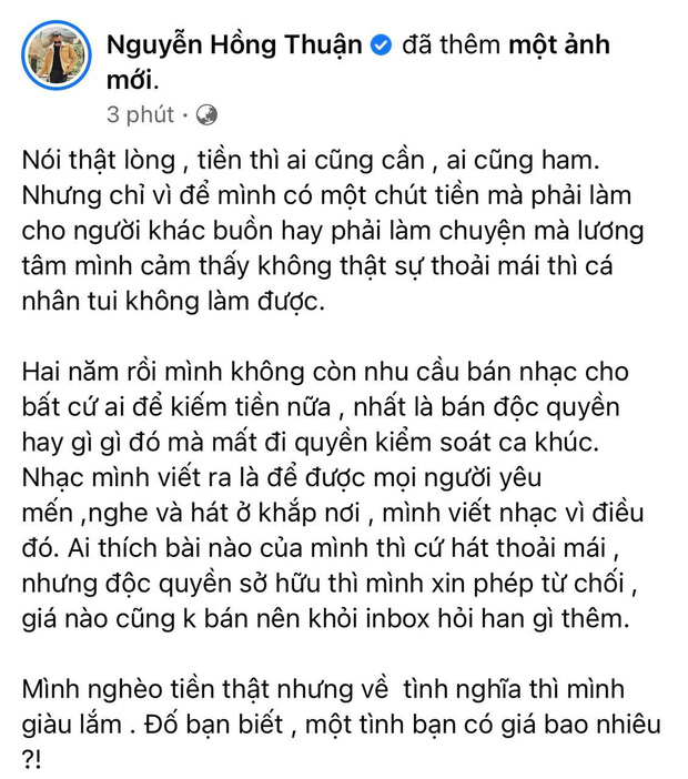 Nhạc sĩ Nguyễn Hồng Thuận khẳng định 'cần tiền nhưng không bán bạn' giữa lùm xùm mua loạt hit của Nathan Lee - Ảnh 2