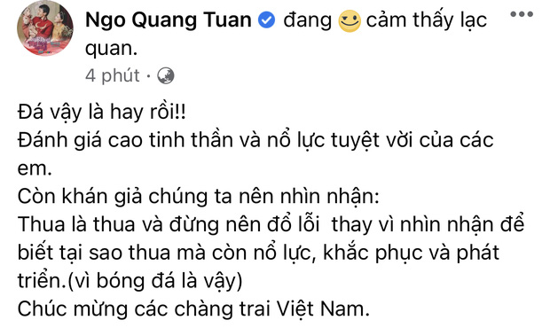 Diễn viên Quang Tuấn đánh giá cao tinh thần và sự nổ lực tuyệt vời của đội tuyển Việt Nam.