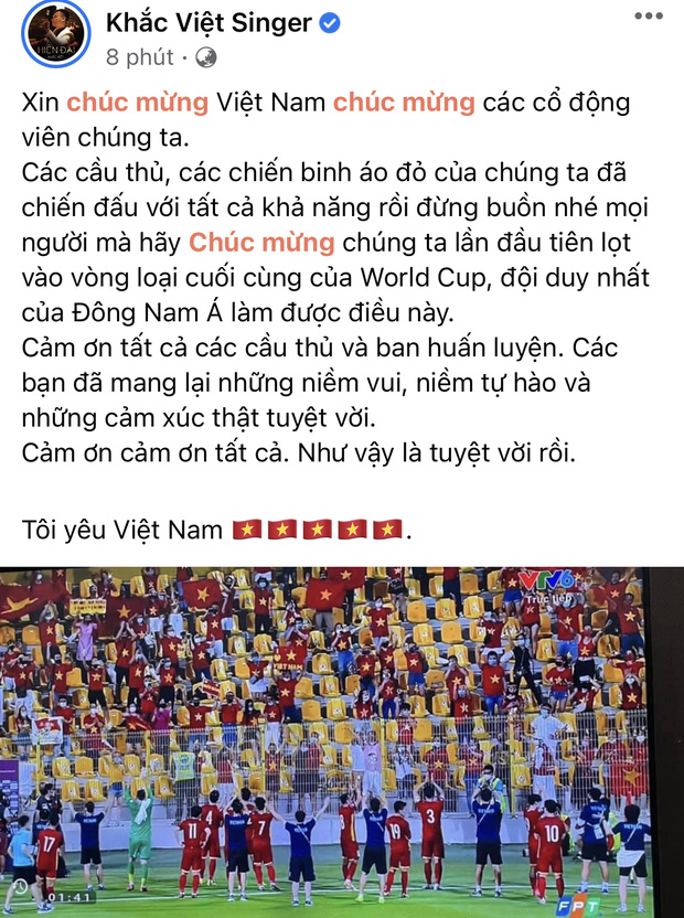 Nam ca sĩ Khắc Việt gửi lời chúc mừng đội tuyển Việt nam, đồng thời ca ngợi hết lời các chiến binh áo đỏ.