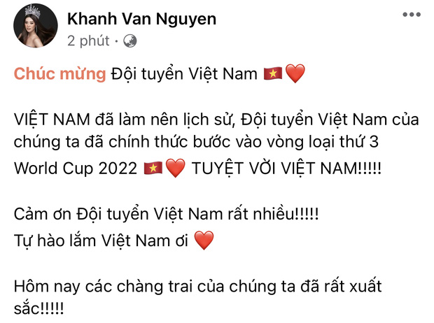 Hoa hậu Khánh Vân vỡ oà cảm xúc chúc mừng đội tuyển Việt Nam dù thua nhưng vẫn ghi tên vào vòng loại 3 World Cup 2022.