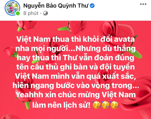 Quỳnh Thư - người tình tin đồn của Tiến Linh khen ngợi đội tuyển Việt Nam và tự hào vì đã đoán đúng tên cầu thủ ghi bàn.