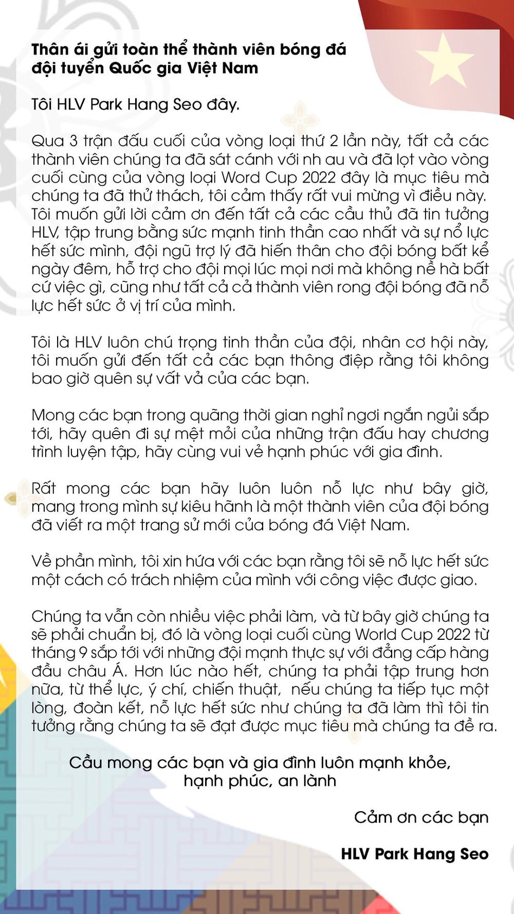 HLV Park Hang Seo gửi tâm thư đến đội tuyển Việt Nam - Ảnh 2
