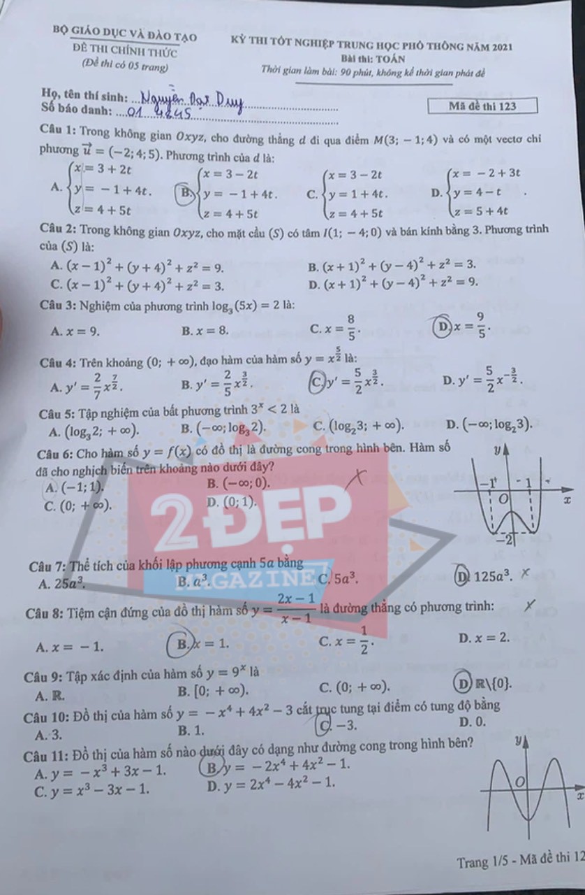 Đề thi môn Toán mã đề 123 THPT Quốc gia lần 1 năm 2021 - Ảnh 1