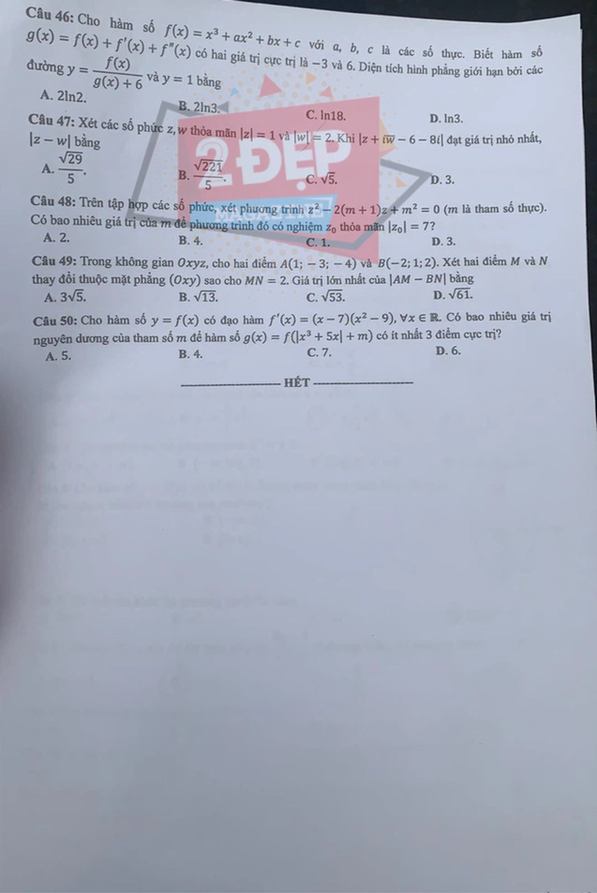 Đề thi môn Toán mã đề 123 THPT Quốc gia lần 1 năm 2021.