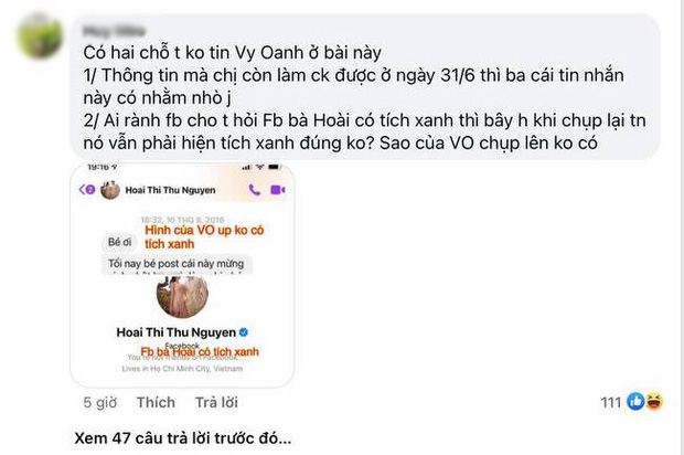 Một netizen nghi ngờ khi Vy Oanh tung ra bằng chứng phản bác Hoa hậu Thu Hoài.