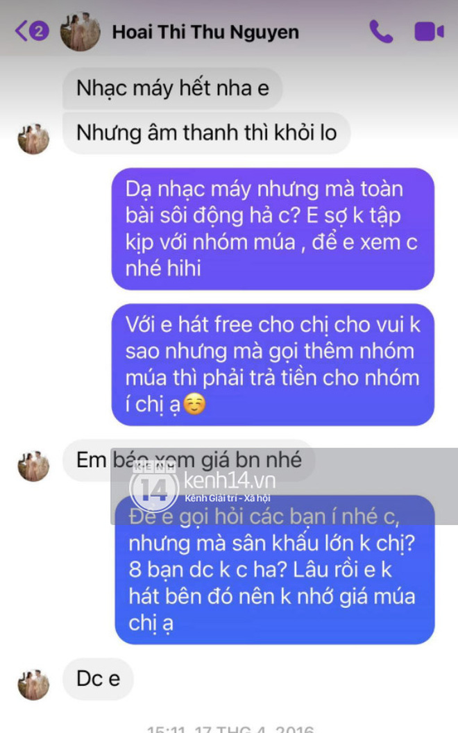 Tin nhắn của Hoa hậu Thu Hoài và Vy Oanh cách đây 4 năm cho thấy cả 2 làm việc trong sự thuận tình, vui vẻ. Nhưng nick Facebook của Thu Hoài lại không hiện tích xanh khiến nhiều người nghi ngờ là sản phẩm photoshop.