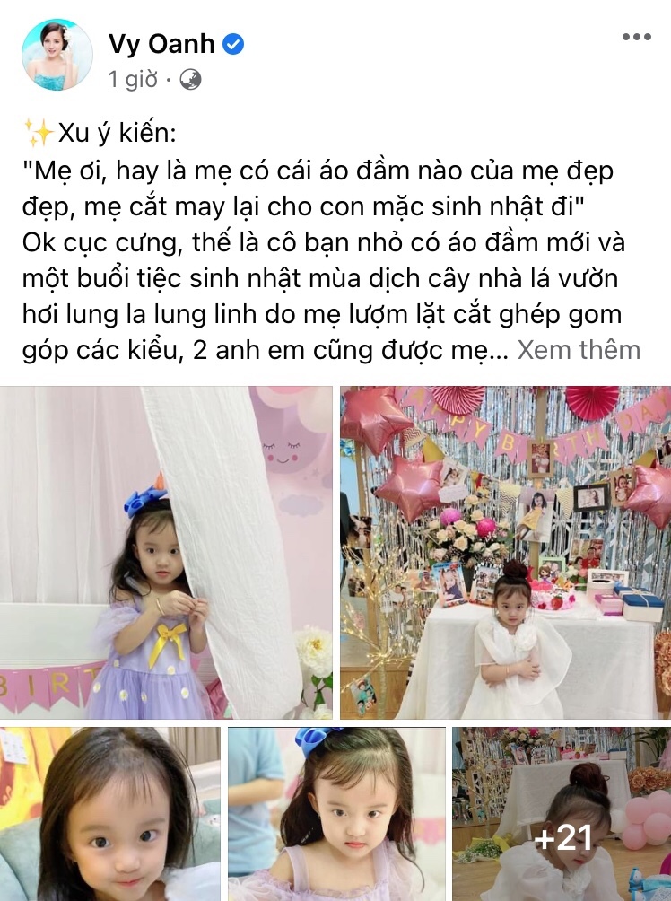 Con gái Vy Oanh mặc váy được mẹ cắt may từ đồ cũ trong ngày sinh nhật - Ảnh 1