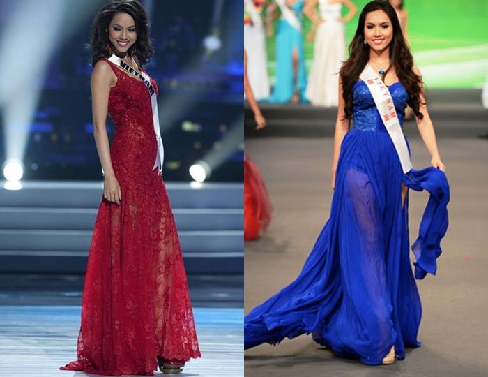Á hậu Hoàng My tại Miss Universe 2011 (trái) và Miss World 2012 (phải).