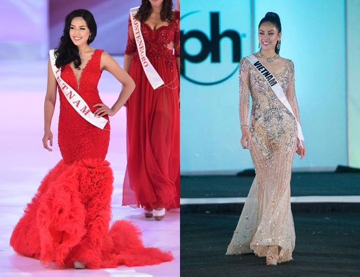 Nguyễn Thị Loan tại Miss World 2014 (trái) và Miss Universe 2017 (phải).
