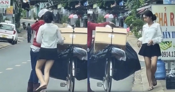 Cô gái ăn mặc sành điệu chạy ra đón mẹ đi nhặt ve chai về