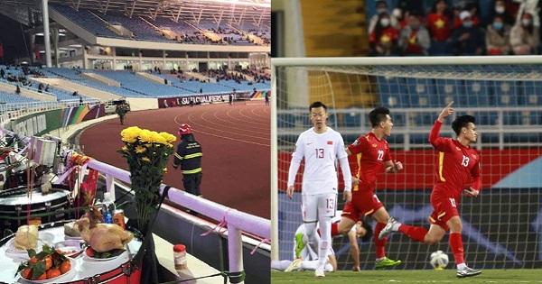 Bức ảnh mâm cúng đủ gà luộc, bánh chưng trên sân Mỹ Đình hot rần rần cõi mạng