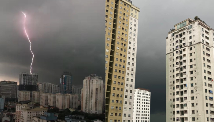 Tia sét màu tím kỳ ảo trên bầu trời Hà Nội trong cơn dông chiều 12/5