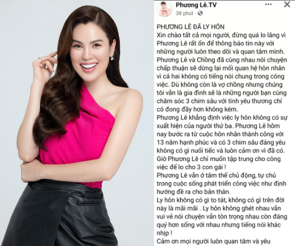 Phương Lê - “Hoa hậu rửa chân cho chồng” đột ngột thông báo ly hôn sau 13 chung sống - Ảnh 1