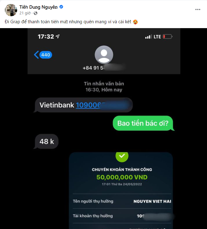 Ông xã hot mom Hằng Túi gọi taxi hết 48k, hào phóng trả luôn 50 triệu
 - Ảnh 2