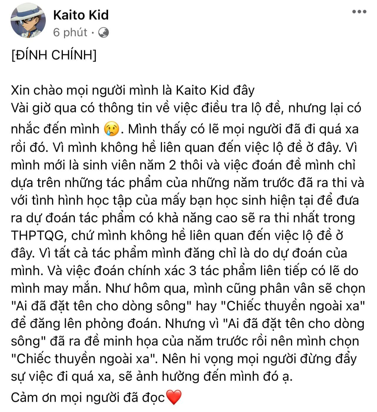 Kaito Kid lên tiếng khi bị nghi ngờ làm lộ đề Ngữ Văn, cơ quan chức năng nói gì?  - Ảnh 1