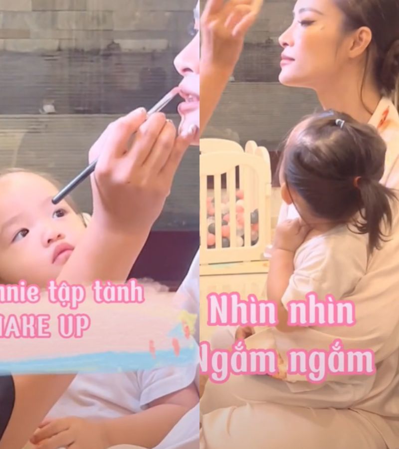 Ái nữ nhà Đông Nhi hơn 2 tuổi đã tập trang điểm cho mẹ - Ảnh 2