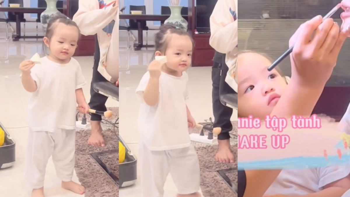 Ái nữ nhà Đông Nhi hơn 2 tuổi đã chăm chú học trang điểm, test mỹ phẩm