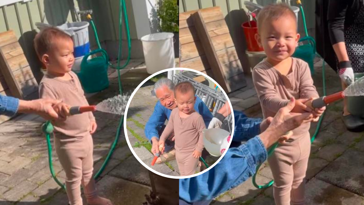 Leon nhà Hà Hồ say mê nghịch nước, ông nội can không nổi, bà nội "tạo công ăn việc làm"