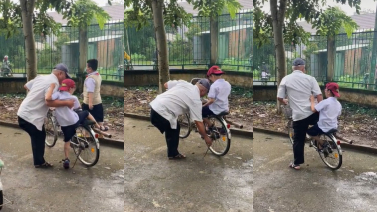 Clip người ông chỉ có 1 chân đạp xe đón cháu ở cổng trường: Vì cháu ông có thể làm tất cả