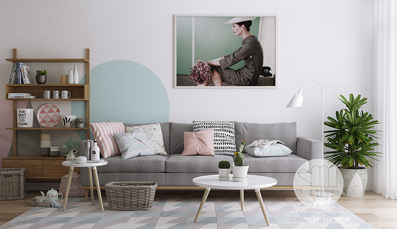 Phòng khách phong cách Scandinavian với những gam màu hồng nhạt, xanh mòng két, xám và trắng. Mỗi yếu tố sắc màu lại đi cùng với hoa văn, họa tiết hình học riêng biệt tạo nên nét cá tính khó có thể lẫn nhầm.