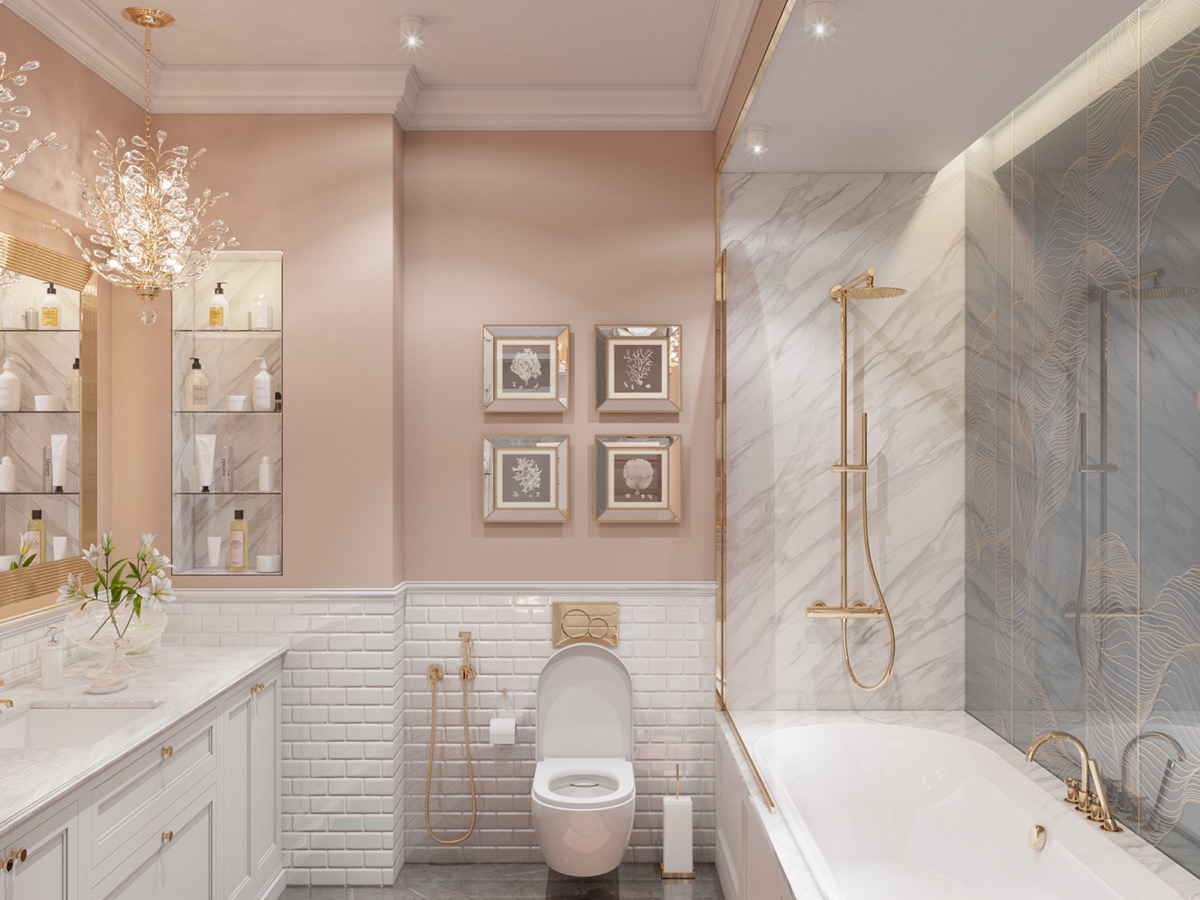 Phòng tắm màu hồng chủ đạo điểm xuyết những chi tiết vàng đồng.
