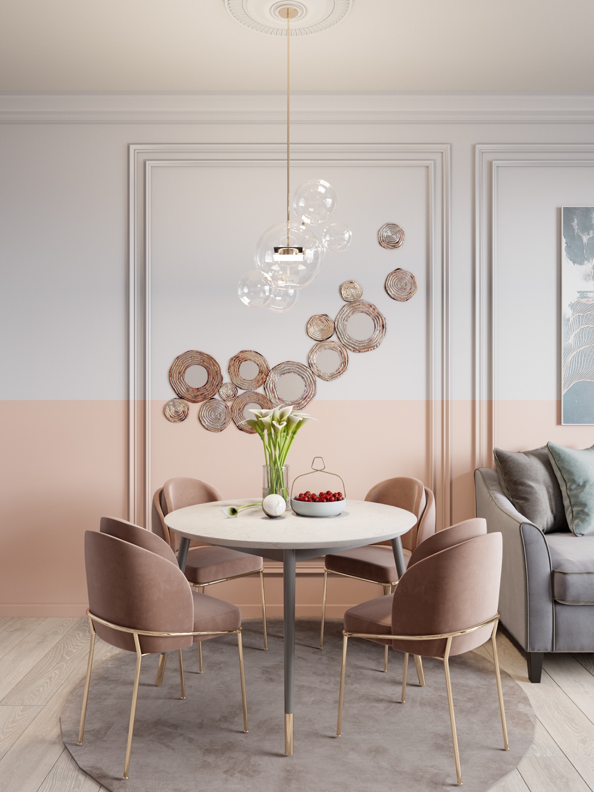 Ghế ăn màu hồng phấn phù hợp với màu sơn tường.