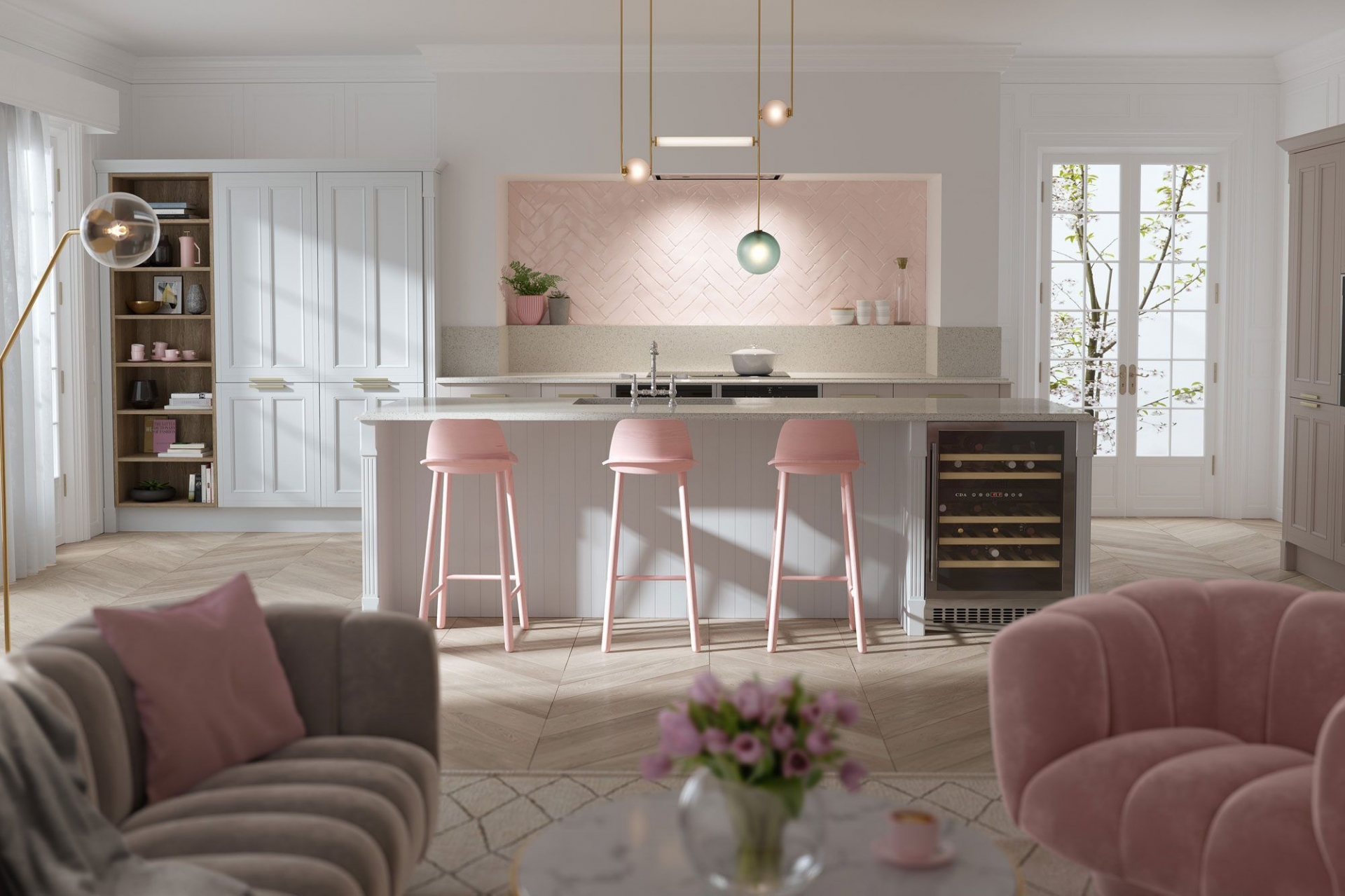 Sử dụng màu hồng đòi hỏi bạn phải cực kỳ tiết chế để tạo cảm giác vừa đủ nhã nhặn, vừa đủ dễ thương mà lại không bị hời hợt. Phòng bếp với backsplash ốp đá hình học, bộ ghế đẩu màu hồng, kết nối với ghế và gối tựa ở phòng khách mở tạo nên sự liên kết nhất định về màu sắc.