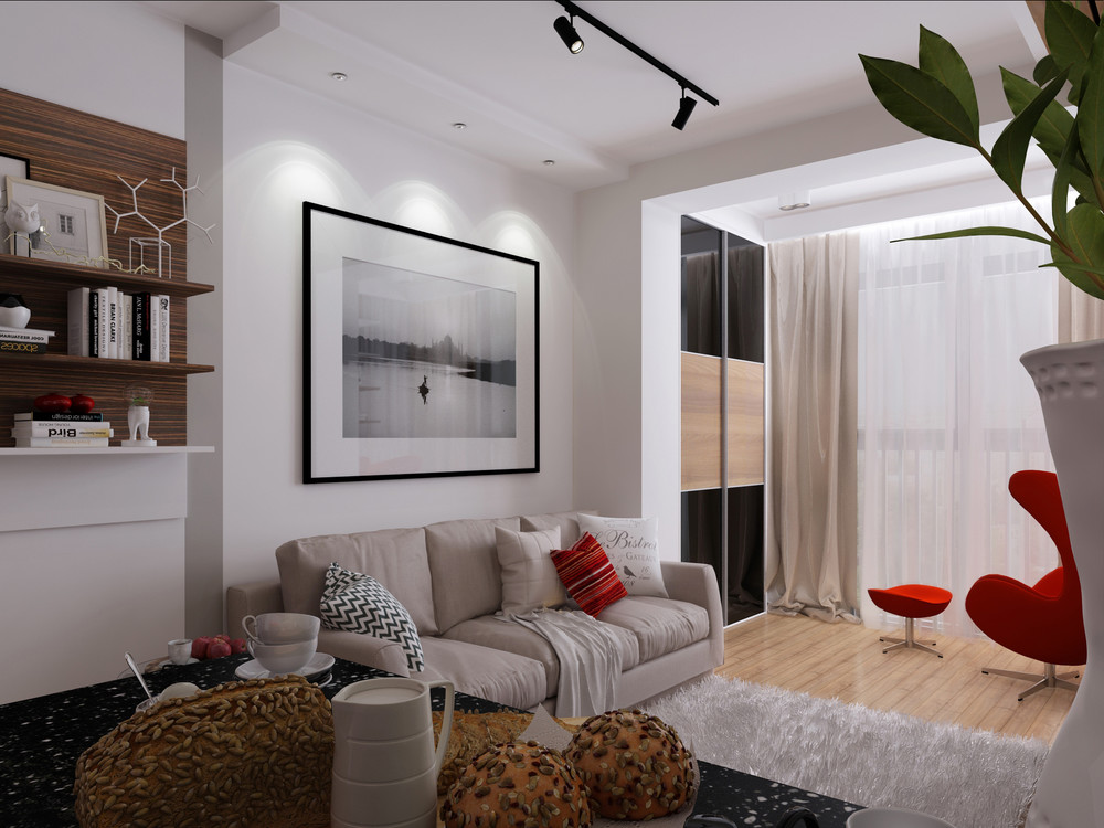Phòng khách với bộ sofa trắng êm ái, điểm xuyết bằng gối dựa và tranh treo tường đẹp mắt.