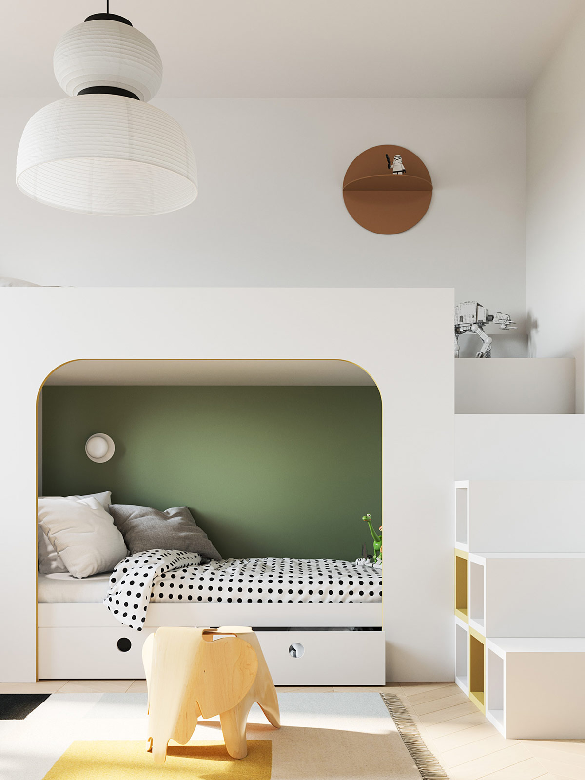 Những đường cong mềm mại của mái vòm cũng được xuất hiện trong phòng của trẻ nhỏ, cụ thể là nơi giường ngủ. Mảng tường sơn màu xanh lá vừa dịu mắt vừa góp phần tạo chiều sâu cho căn phòng.
