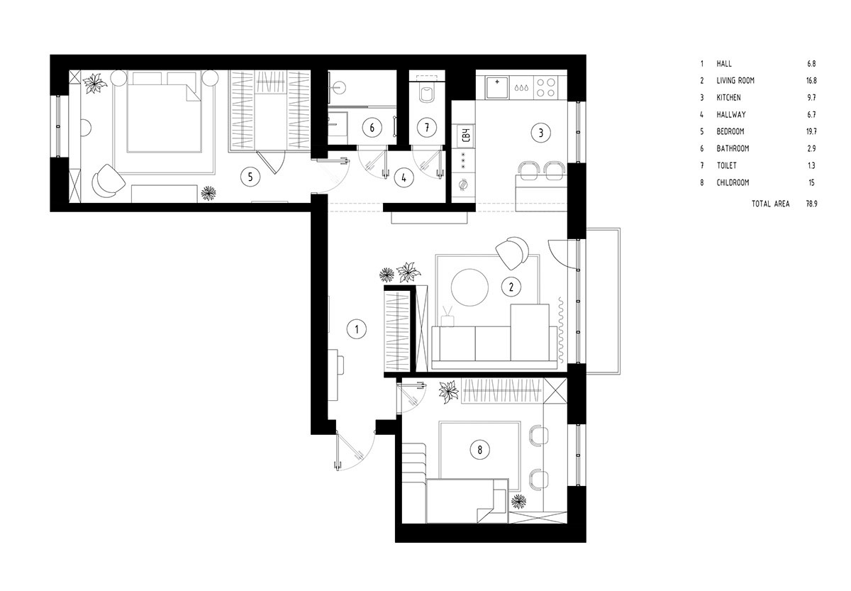 Sơ đồ mặt bằng căn hộ 80m² cho chúng ta cái nhìn bao quát hơn về sự phân bố không gian cũng như thiết kế của từng khu vực chức năng.