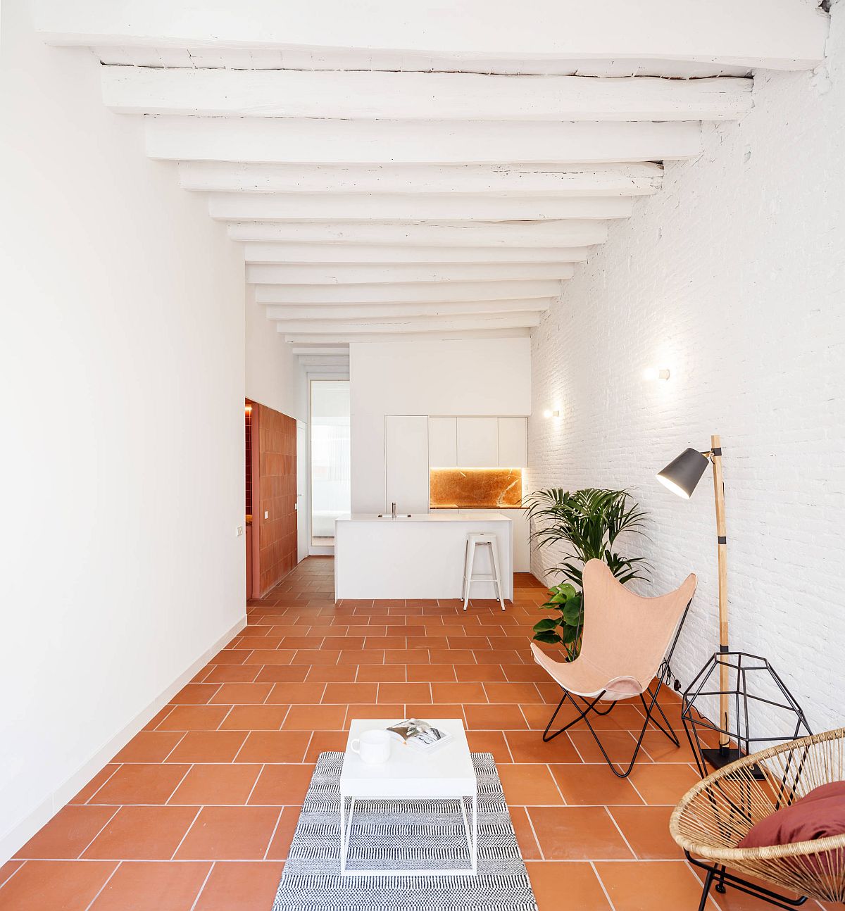Phòng khách dài và hẹp của một căn hộ tại Barcelona (Tây Ban Nha) với tường gạch trắng và sàn gạch đất nung. Nếu sắc trắng chủ đạo dễ gây cảm giác lạnh lẽo thì chủ nhân đã khéo léo dùng sàn đất nung để “sưởi ấm” không gian.