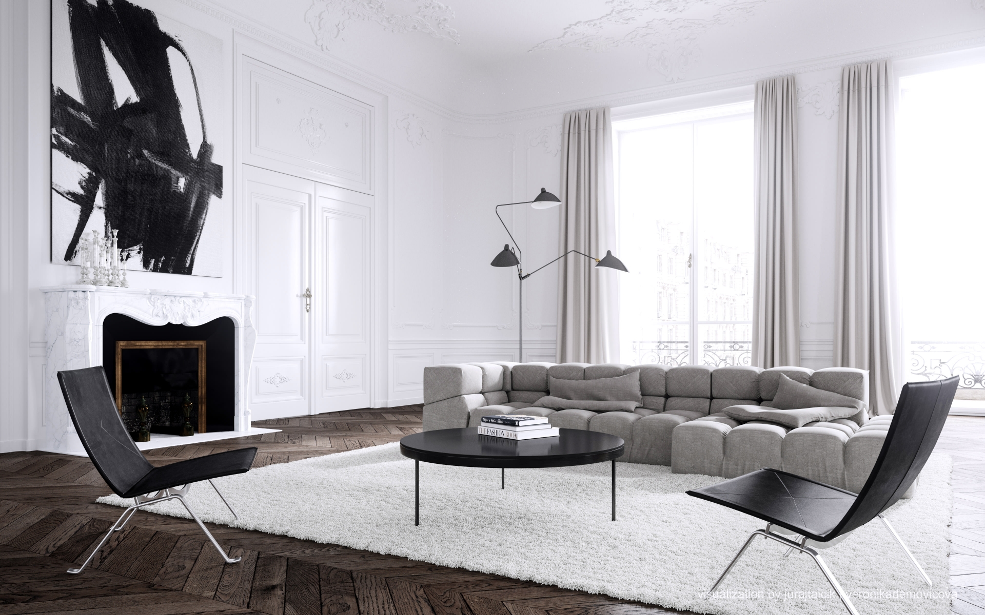 Nhà thiết kế nội thất Jessica Vedel thiết kế căn hộ tại Paris với kiến trúc cổ điển kết hợp nội thất hiện đại. Bức tranh trừu tượng phía trên lò sưởi được tạo ra bởi tông màu trắng - đen chủ đạo của phòng khách khiến chúng trở nên nhất quán, đẹp mắt.