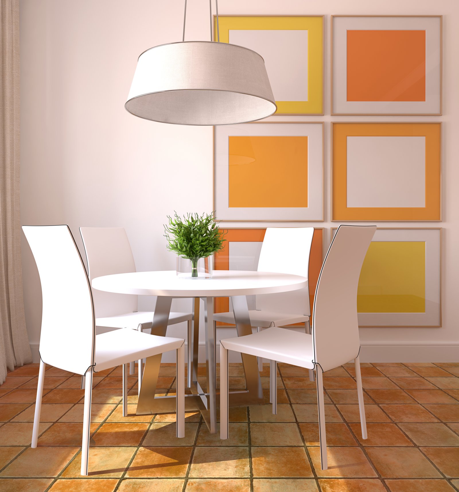 Những viên gạch lát sàn màu cam “cố tình bong tróc” cho cảm giác đơn sơ và gần gũi, những khung tranh đơn giản trên tường - không họa tiết, chỉ có màu sắc - cũng góp phần đem lại sự độc đáo cho phòng ăn này.