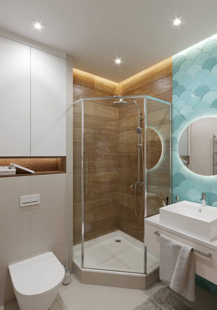 Căn hộ được thiết kế với hai phòng tắm riêng biệt. Căn phòng đầu tiên lắp đặt buồng tắm đứng với cửa kính trong suốt.