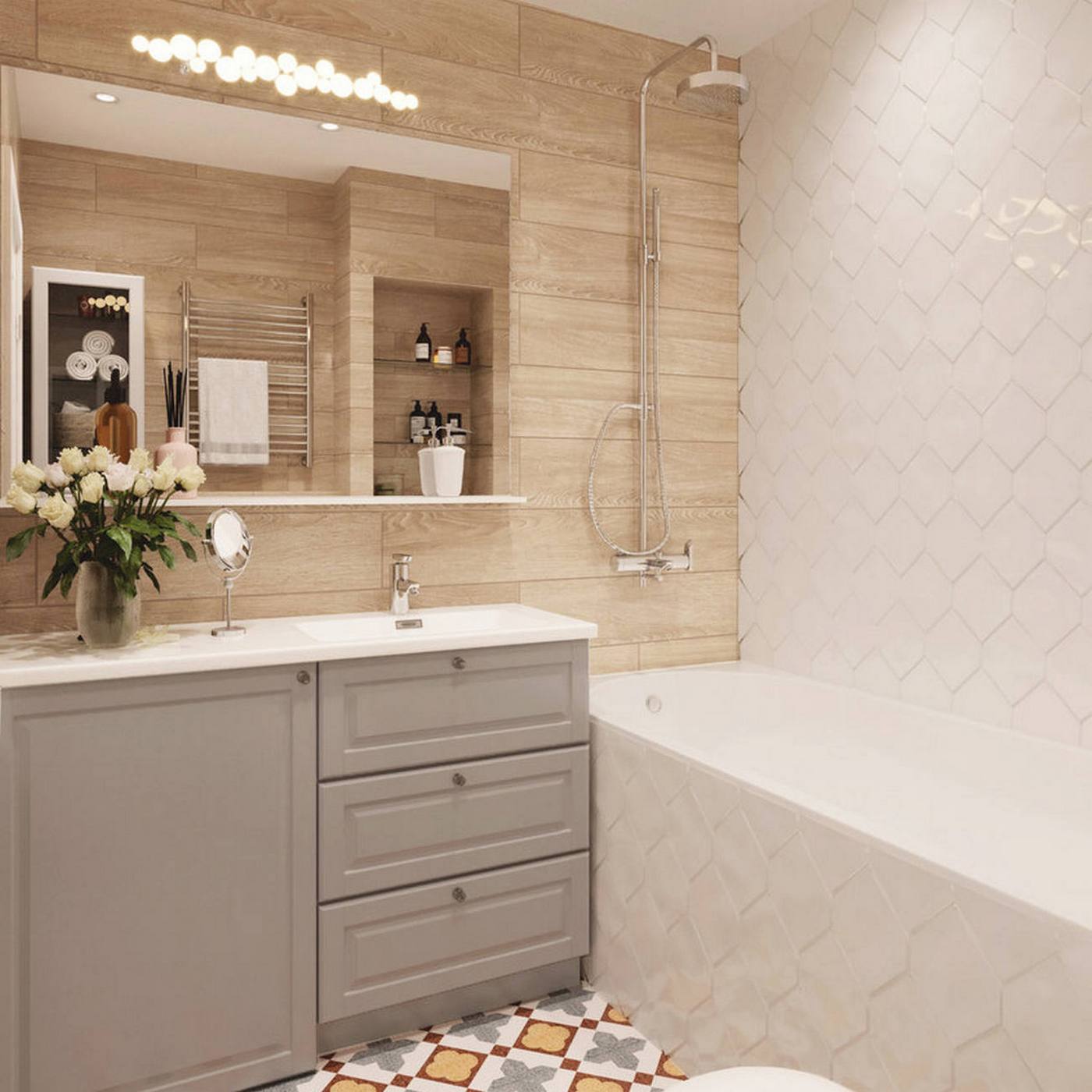 Bước vào phòng tắm, bạn sẽ cảm thấy có một sự kết nối quen thuộc đã từng thấy ở phòng bếp, đó chính là bức tường ốp gạch hình thoi màu trắng sáng bóng và sạch sẽ ngay tại khu vực bồn tắm nằm kết hợp vòi hoa sen.