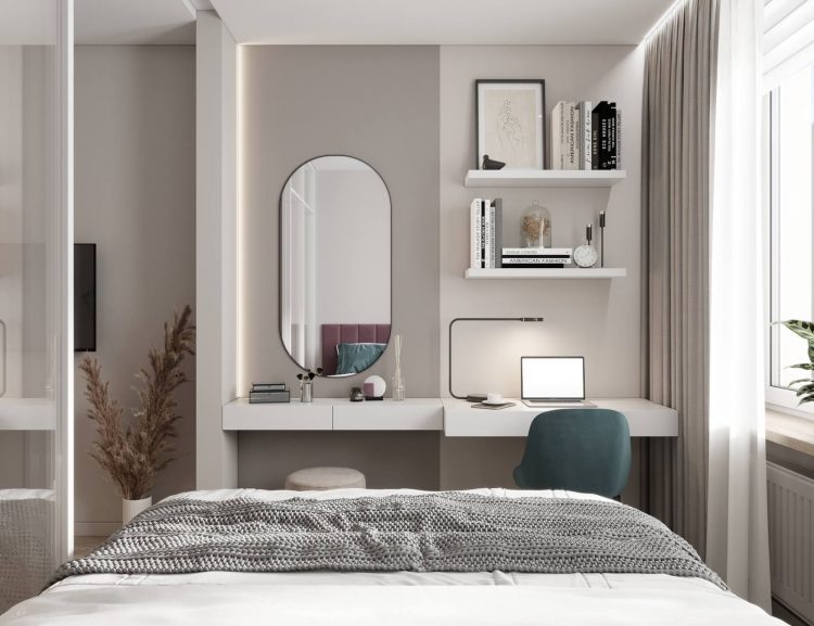 Đối diện giường ngủ là khu vực kết hợp giữa bàn phấn trang điểm xinh xắn và góc làm việc tại gia tuy nhỏ gọn nhưng tiện ích với hệ kệ mở lưu trữ trên tường.