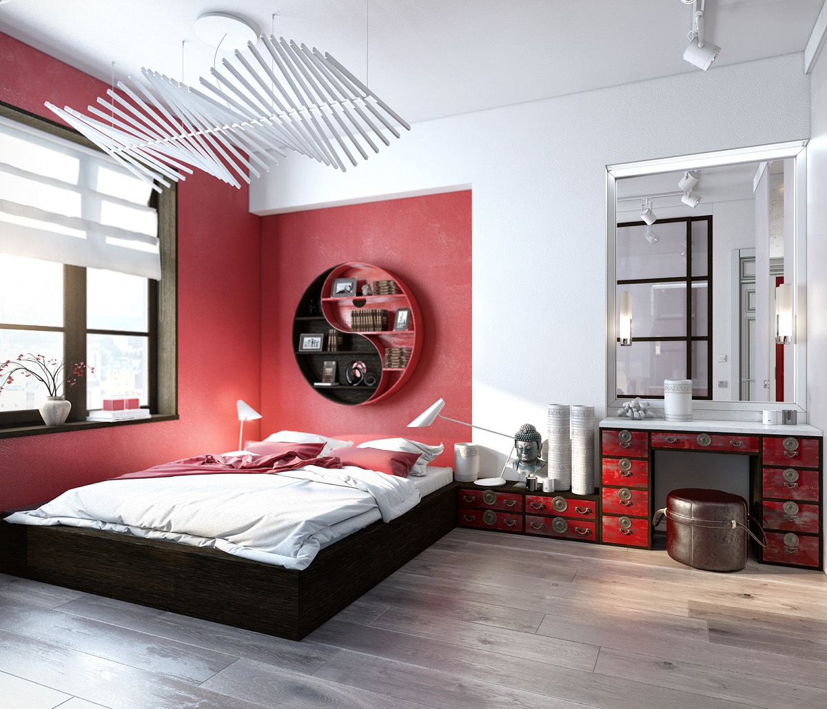 Khối màu đỏ quanh giường tạo cảm giác khép kín và ấm cúng trong không gian khá rộng. Phía bàn trang điểm chọn sơn tường màu trắng kết hợp tủ gỗ sơn đỏ cổ điển. Kệ lưu trữ Âm - Dương với 2 màu trắng đen cũng là điểm nhấn nổi bật cho bức tường.