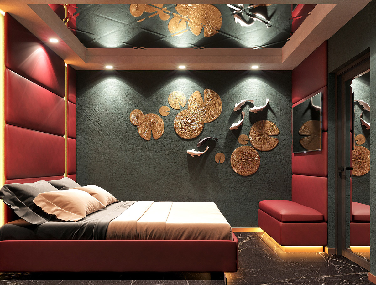 Phòng ngủ đẹp như một tác phẩm nghệ thuật với 2 bức tường đối diện được bọc da sang trọng, thêm phần khung giường và ghế đôn đồng bộ. Bức tường màu xám chính giữa lắp đặt hệ thống đèn LED chiếu sáng “hồ cá koi” thiết kế 3D cực kỳ sống động.