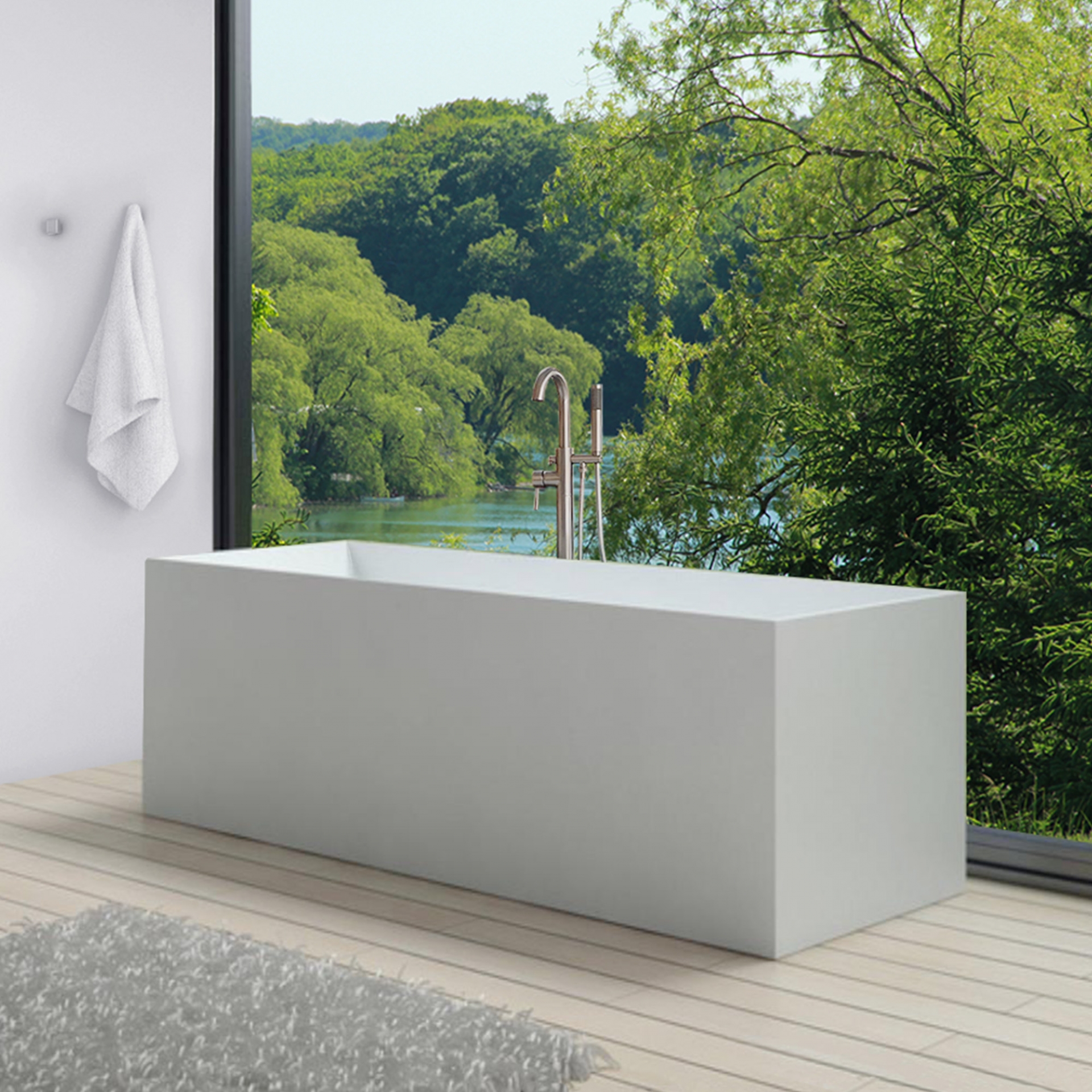 Bồn tắm hình chữ nhật dành cho người yêu thích phong cách minimalism. Bồn có kích thước 1.7 mét, tạo cảm giác cực kỳ thoải mái khi sử dụng. Với khung cảnh thiên nhiên tuyệt đẹp bên ngoài thì bạn chỉ cần chiếc bồn tắm đơn giản như thế này là đủ.