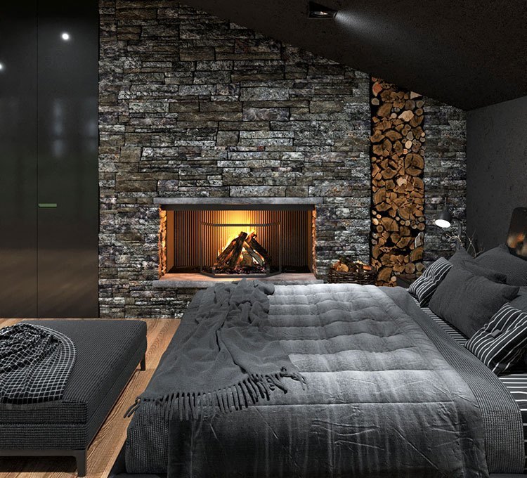 Phòng ngủ phụ với 1 chiếc giường lớn êm ái, một bên nhìn ra khung cảnh bên ngoài lãng mạn, một bên là bức tường với lò sưởi ấm áp tuyệt đối.