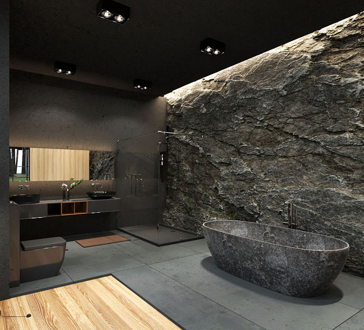 Phòng tắm rộng rãi với bức tường đá tự nhiên cùng bồn tắm bằng đá tạo cảm giác như con người nơi đây và thiên nhiên quyện hoà vào làm một.