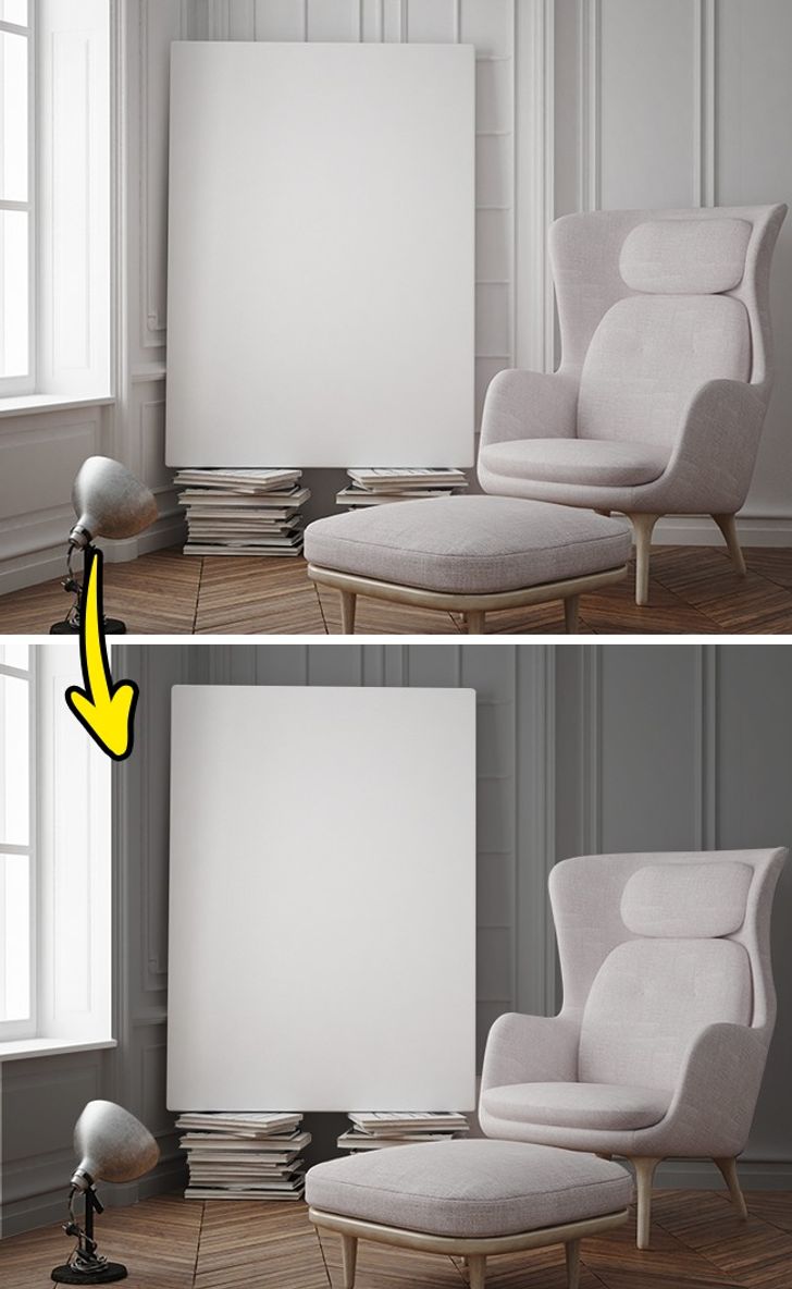 Tiếp tục là một ví dụ liên quan đến sự thông minh khi chọn lựa màu sắc. Giữa màu sơn tường và nội thất nếu chỉ “một màu” sẽ gây đơn điệu, chỉnh sửa màu nền tương phản chút thôi là bạn đã thấy tấm bảng và chiếc ghế trắng nổi bật trên bức tường xám.