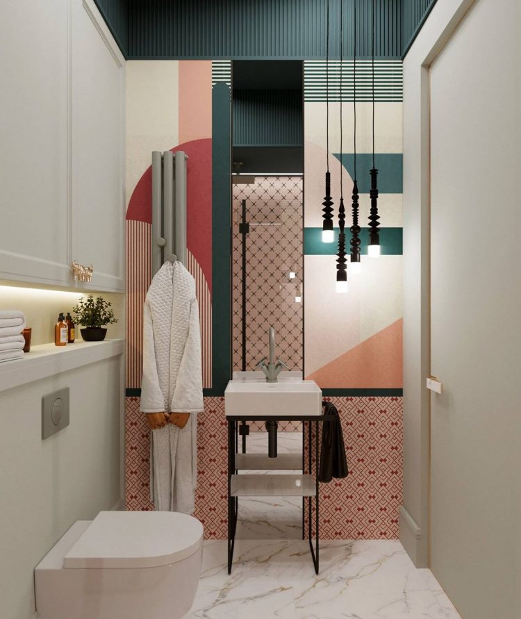 Màu sắc trong phòng tắm phong phú, mạnh mẽ nhưng đều tiết chế để tôn lên vẻ đẹp của nội thất được chọn lựa trang trí.