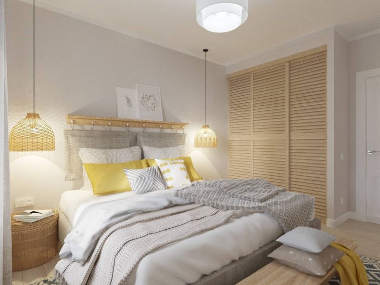 Táp đầu giường bằng mây tre đan đơn giản và tiện dụng. Ánh sáng trong phòng được sử dụng với hai màu trắng ấm (hay còn gọi vàng ấm) nơi đầu giường và trắng mát trên trần nhà.
