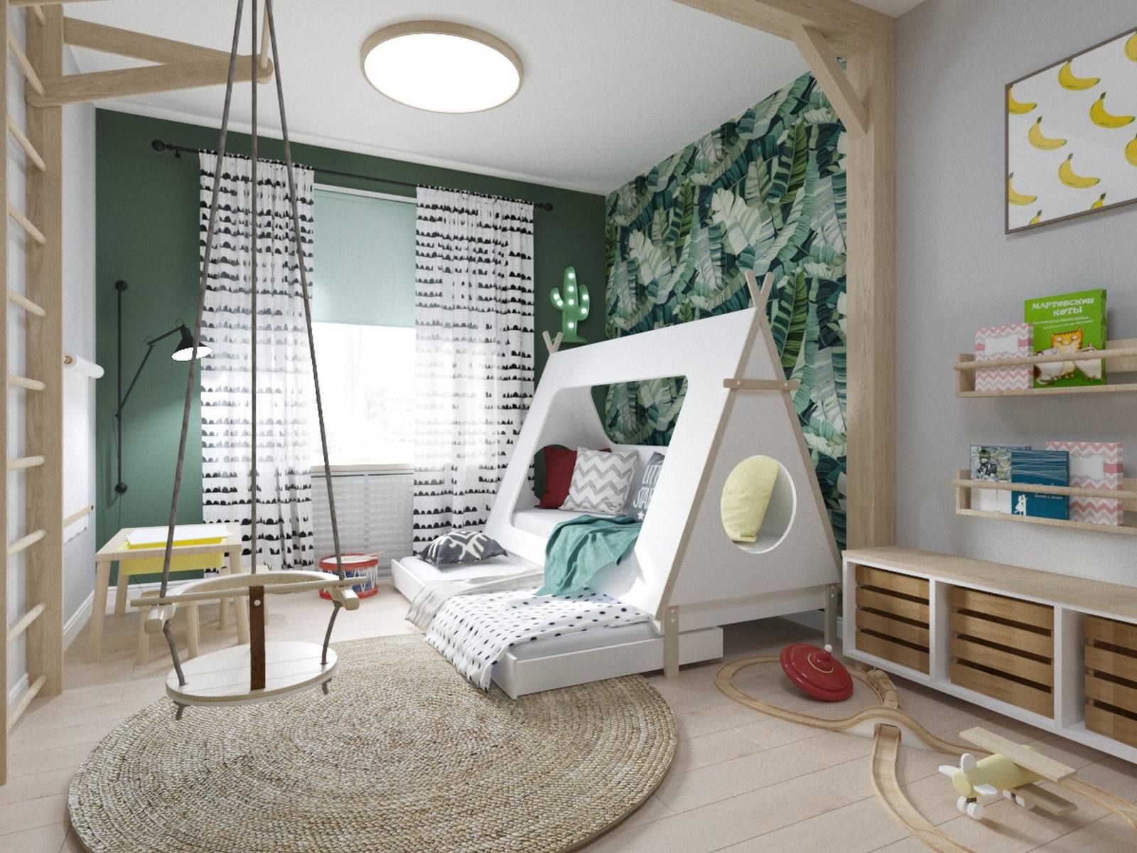 Căn phòng riêng của bé trai được thiết kế cực kỳ dễ thương và sống động với giấy dán tường họa tiết lá chuối nổi bật, sơn tường màu xám kết hợp xanh lá tạo nên sự trẻ trung phù hợp với độ tuổi của bé.
