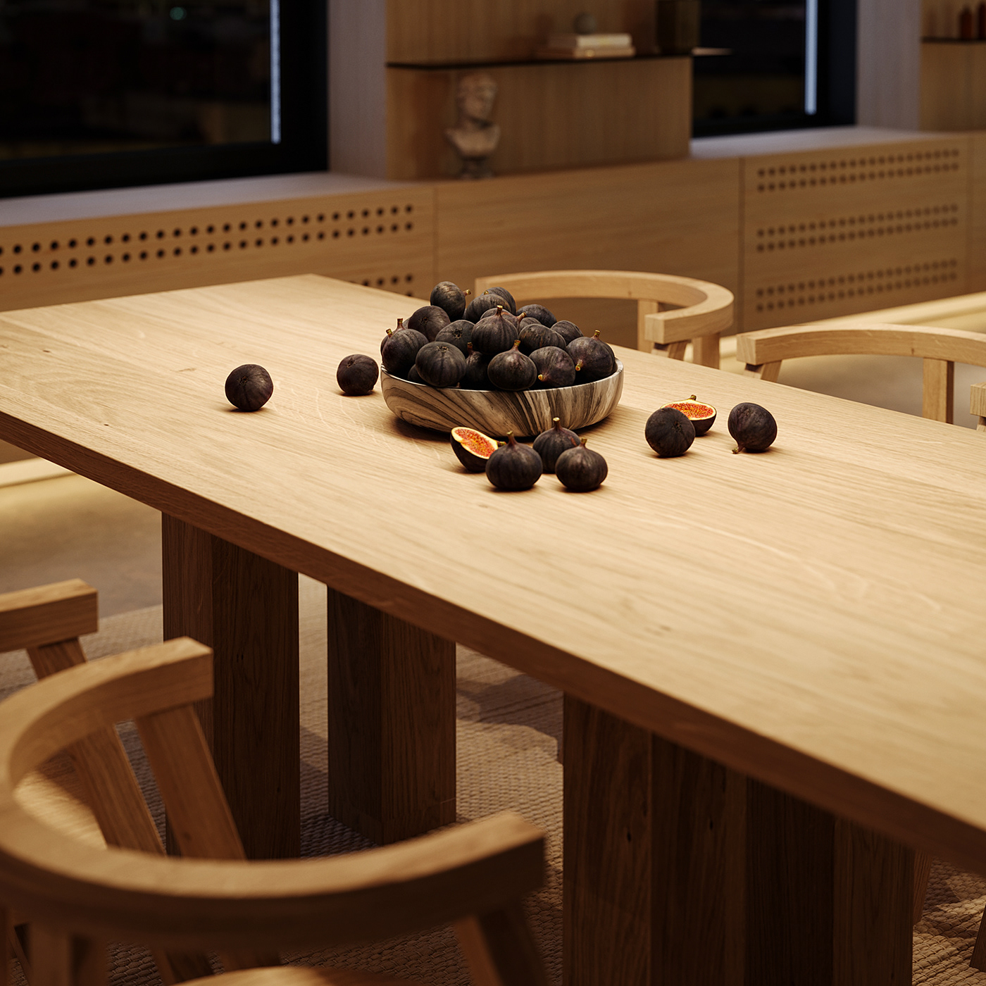 Khu vực ăn uống với bộ bàn ghế gỗ thiết kế tối giản nhưng thu hút.