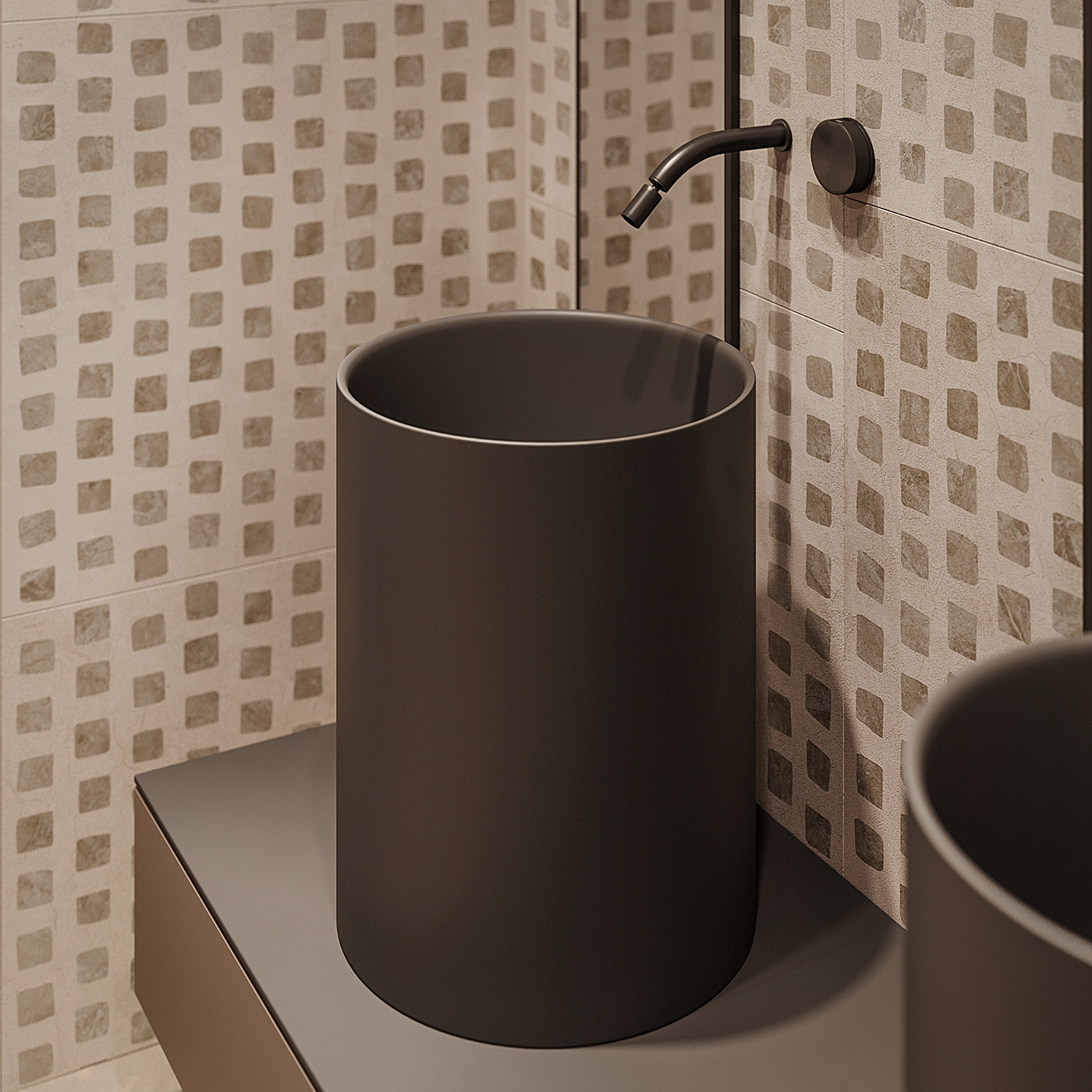 Màu đen giúp tăng thêm vẻ sang trọng, tạo chiều sâu cho phòng tắm.